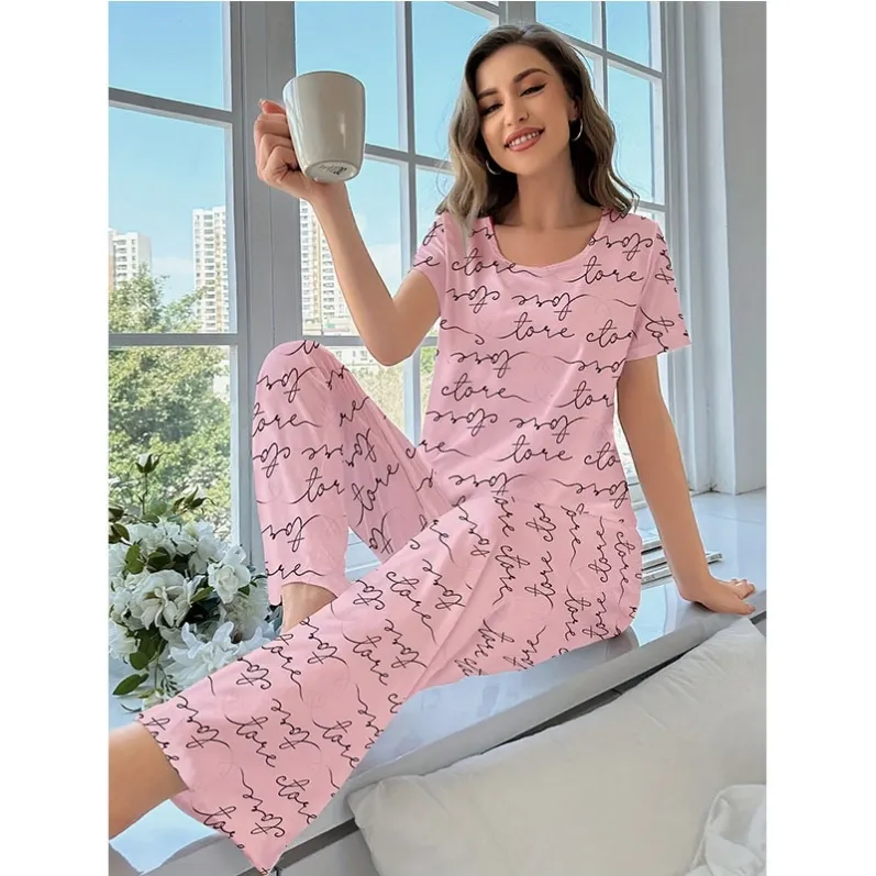 women milk silk lightweight printed short sleeve long pants pajama set xlkp93063 lifestyle view
