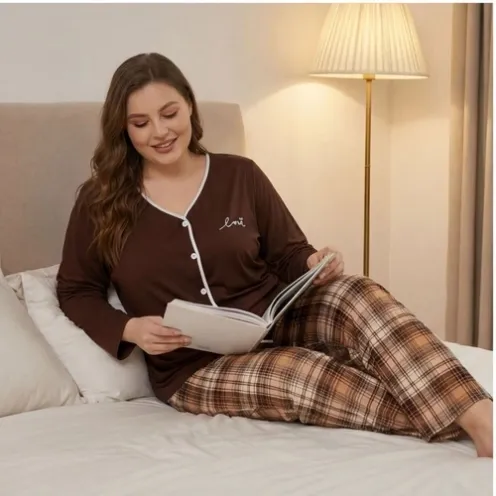 plus size long sleeve button front long pants pajama set xlkl742 front view