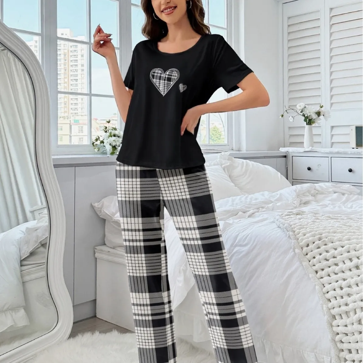 women milk silk plaid pajama set xlk93051 lifestyle view