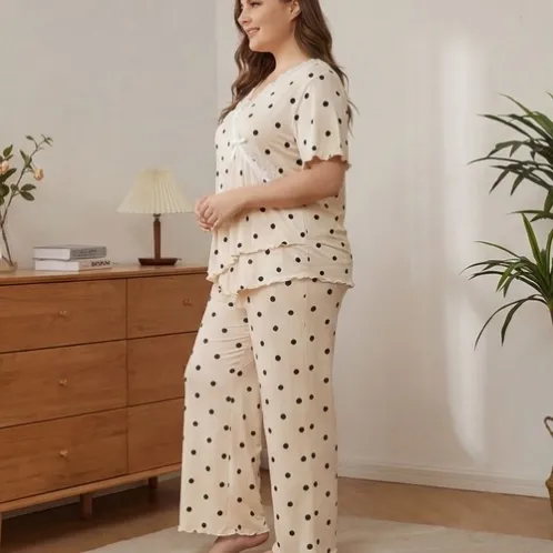 plus size short sleeve lace trim polka dot nightdress xlkl564 detail view