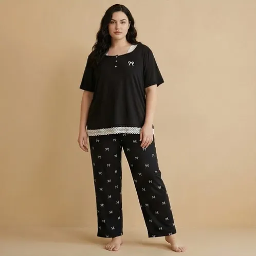 plus size short sleeve lace trim printed long pants pajama set xlk446 detail view