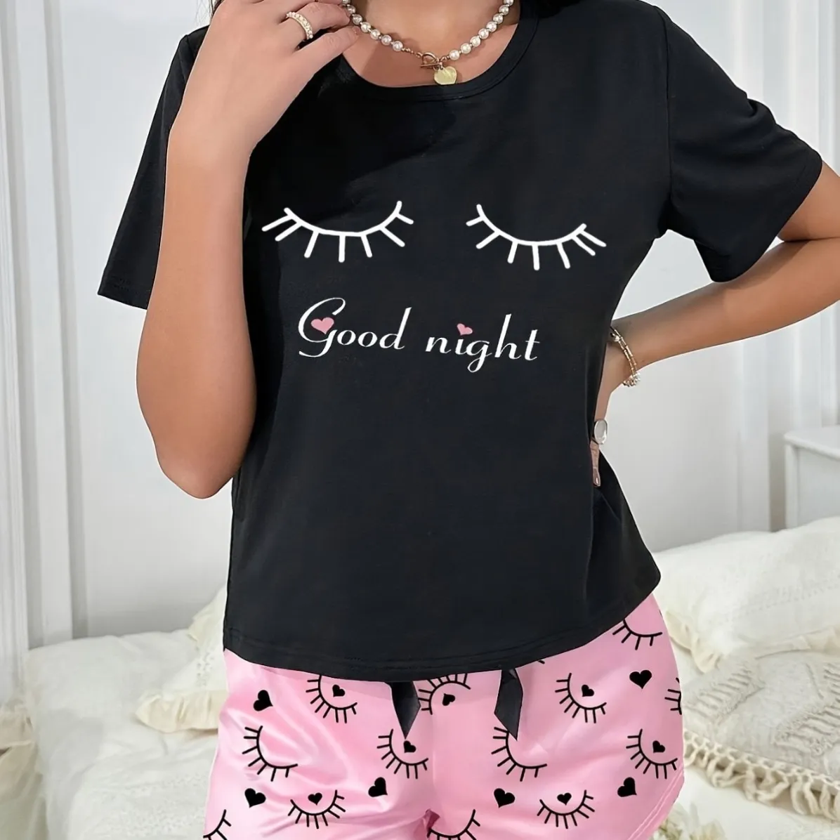 women milk silk printed short sleeve shorts pajama set xlk34012 lifestyle view