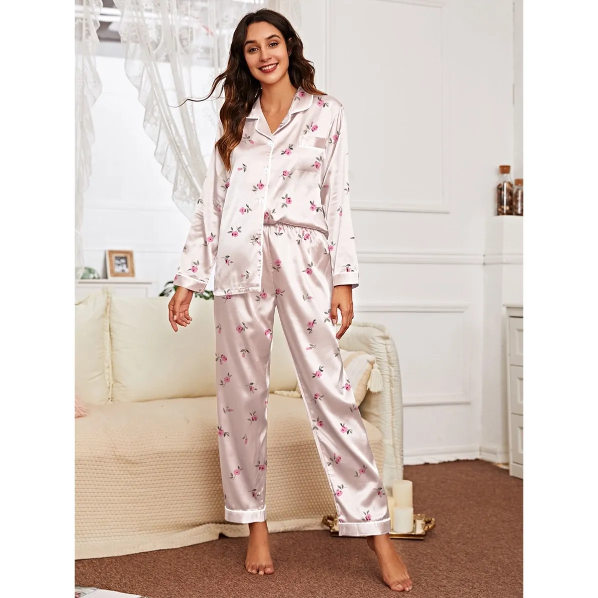 women faux silk warm button front long sleeve long pants pajama set xlk222010 lifestyle view