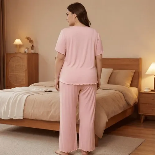 plus size short sleeve v-neck lace trim pajama set xlkl443 detail view