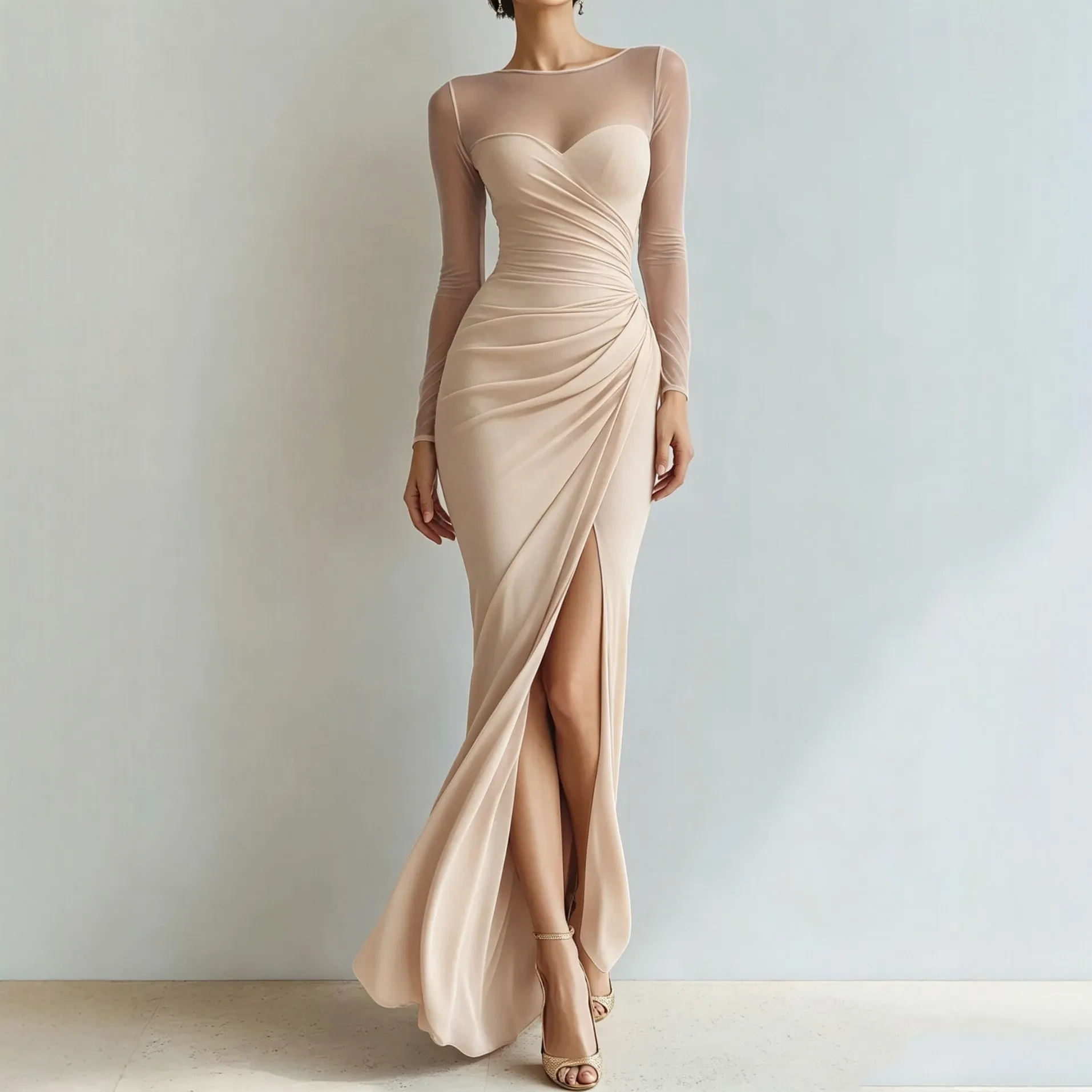 mesh long sleeve waist tie ruched evening dress xlk0162 front view