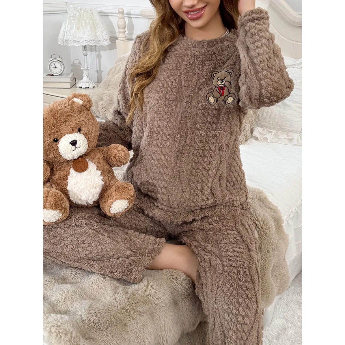 women coral fleece warm cartoon print pajama set xlk13419 front view