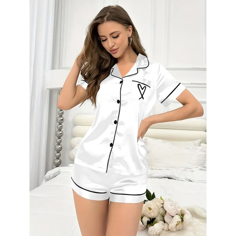 women faux silk button front pajama set xlk555004 lifestyle view