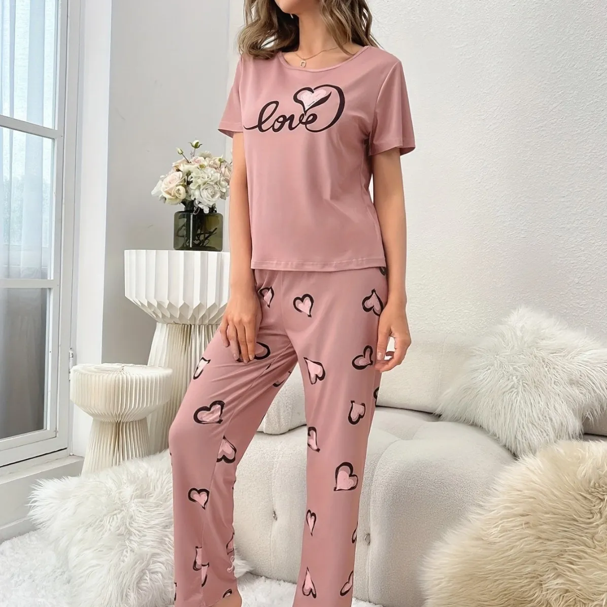 women milk silk lightweight printed short sleeve long pants pajama set xlk93050 lifestyle view