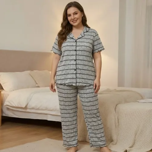 plus size short sleeve button front striped long pants pajama set xlkl585 front view