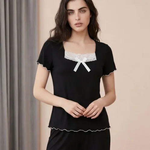 short sleeve lace trim long pants pajama set xlkte-154 lifestyle view