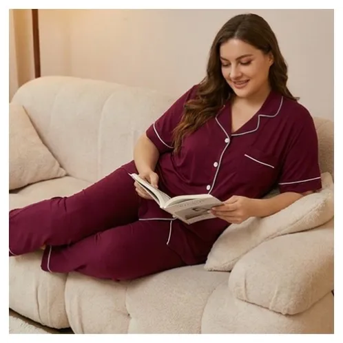 plus size short sleeve button front pajama set xlkal-028 front view