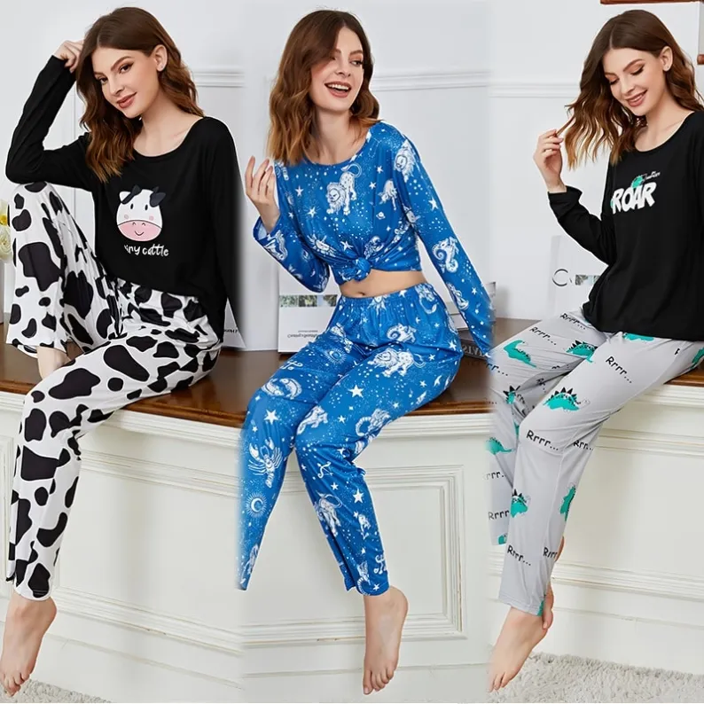women milk silk cartoon print long sleeve long pants pajama set xlk90011 front view