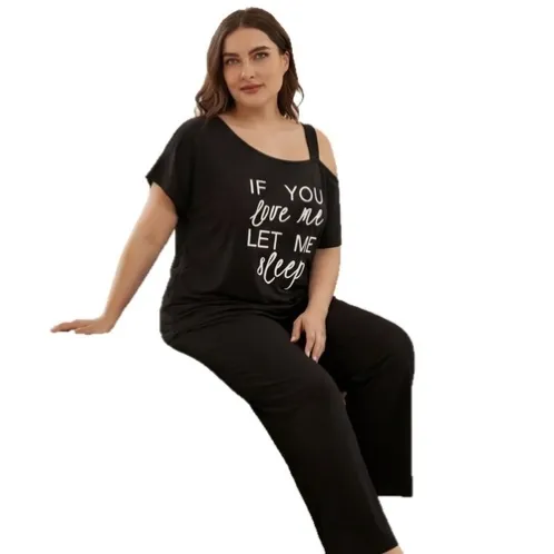 plus size short sleeve printed long pants pajama set xlkl540 detail view