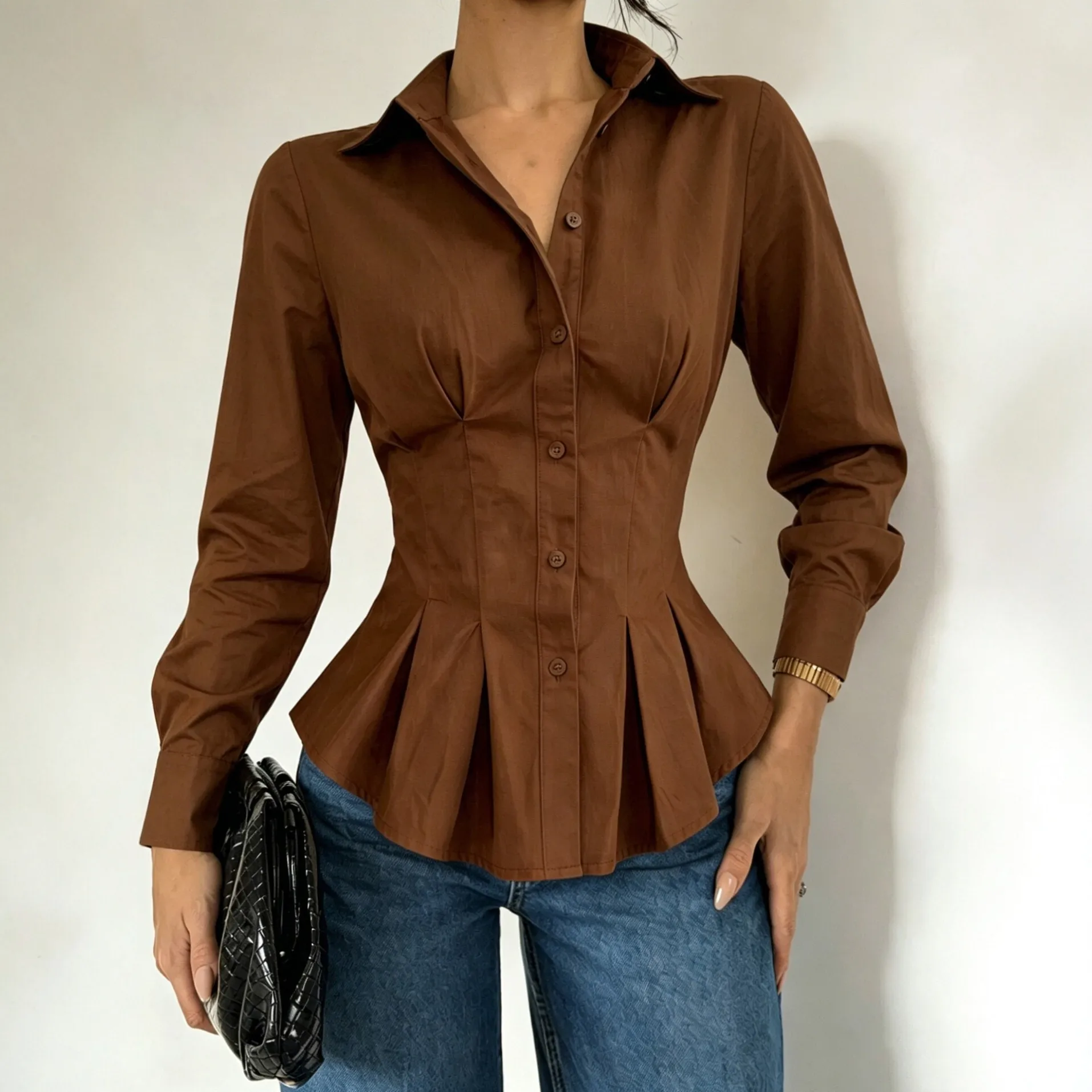lapel collar long sleeve ruffle waist tie ruched blouse xlk0148 front view