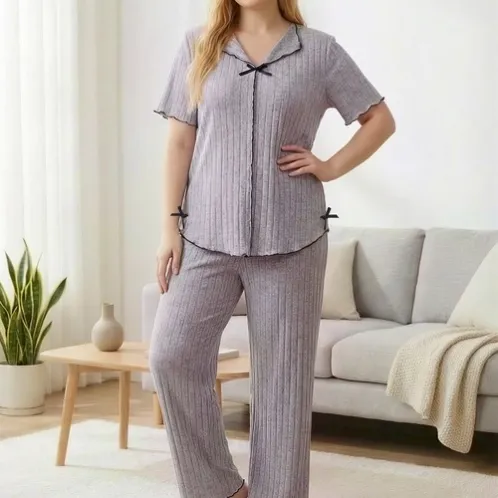 short sleeve lapel collar solid color long pants pajama set xlkl612 color option