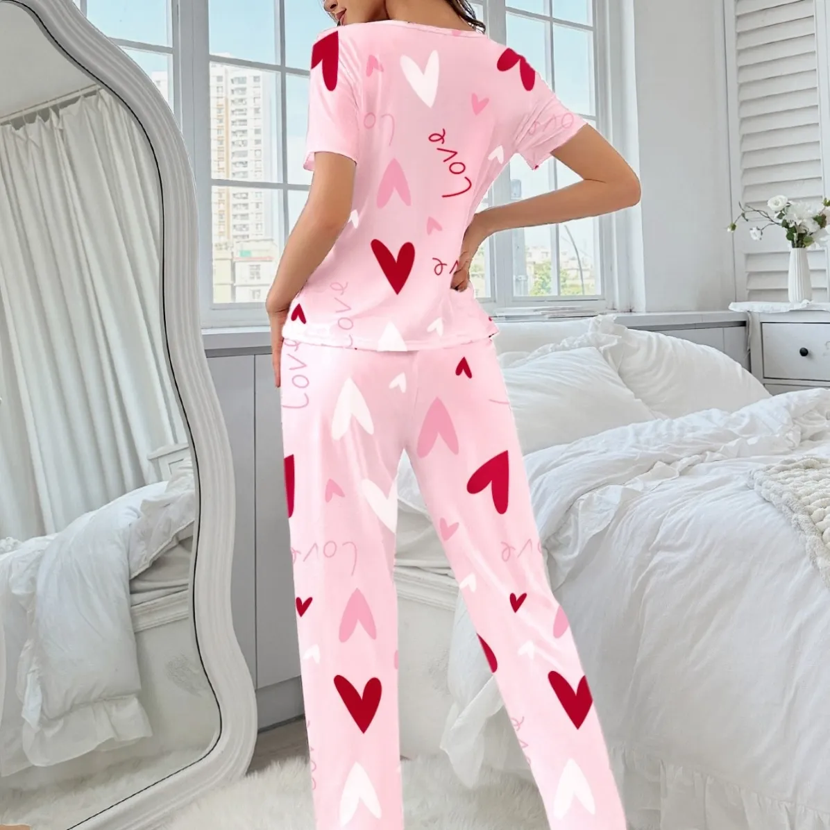 women milk silk printed short sleeve long pants pajama set xlk93066 lifestyle view