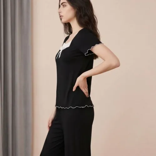 short sleeve lace trim long pants pajama set xlkte-154 detail view