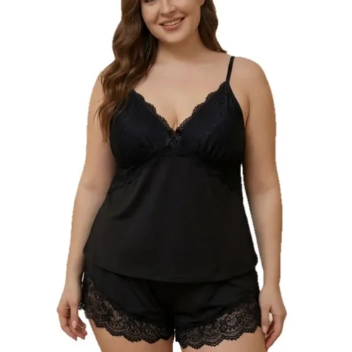 plus size sleeveless v-neck lace trim shorts pajama set xlkte-174 detail view