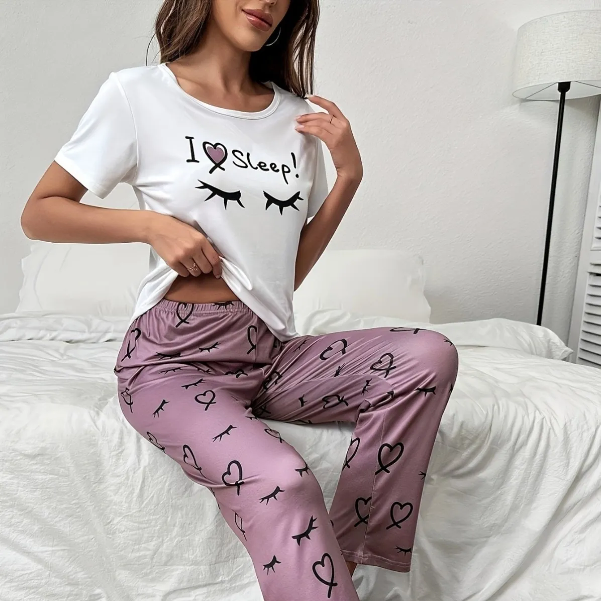 women milk silk printed short sleeve long pants pajama set xlk93056 lifestyle view