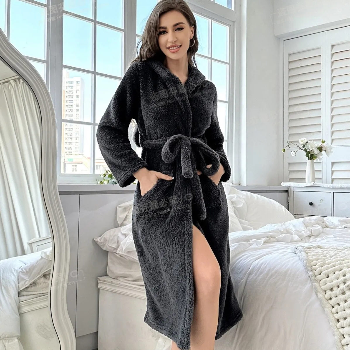 women plush warm robe xlk5265 lifestyle view