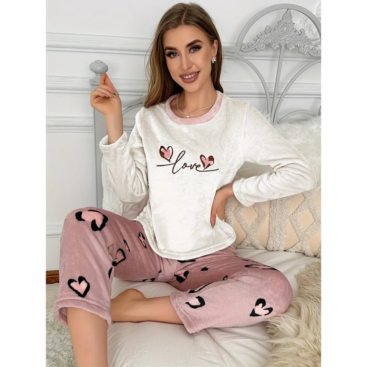 women flannel printed pajama set xlk5112 front view