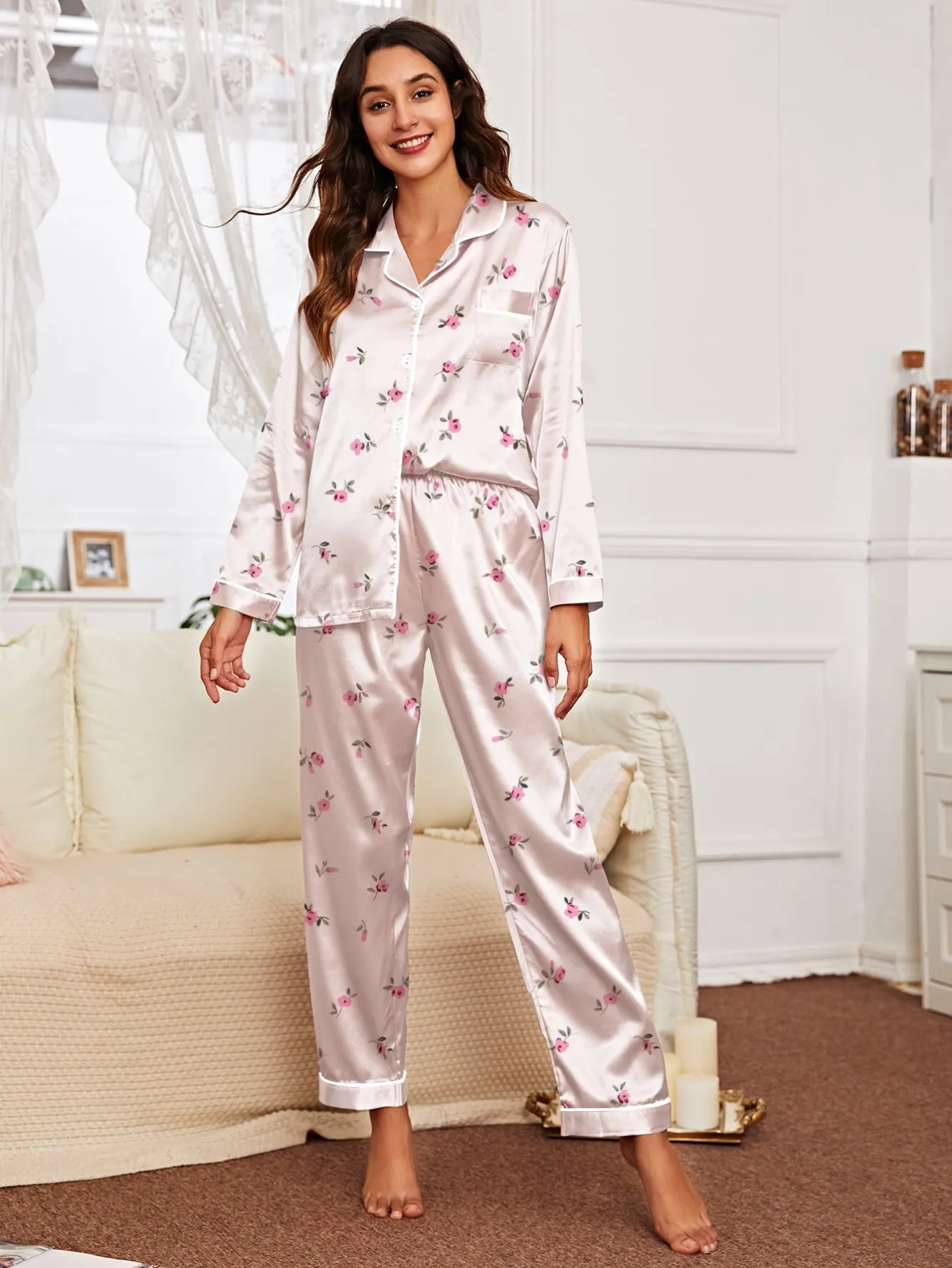 women faux silk warm button front long sleeve long pants pajama set xlk222010 lifestyle view