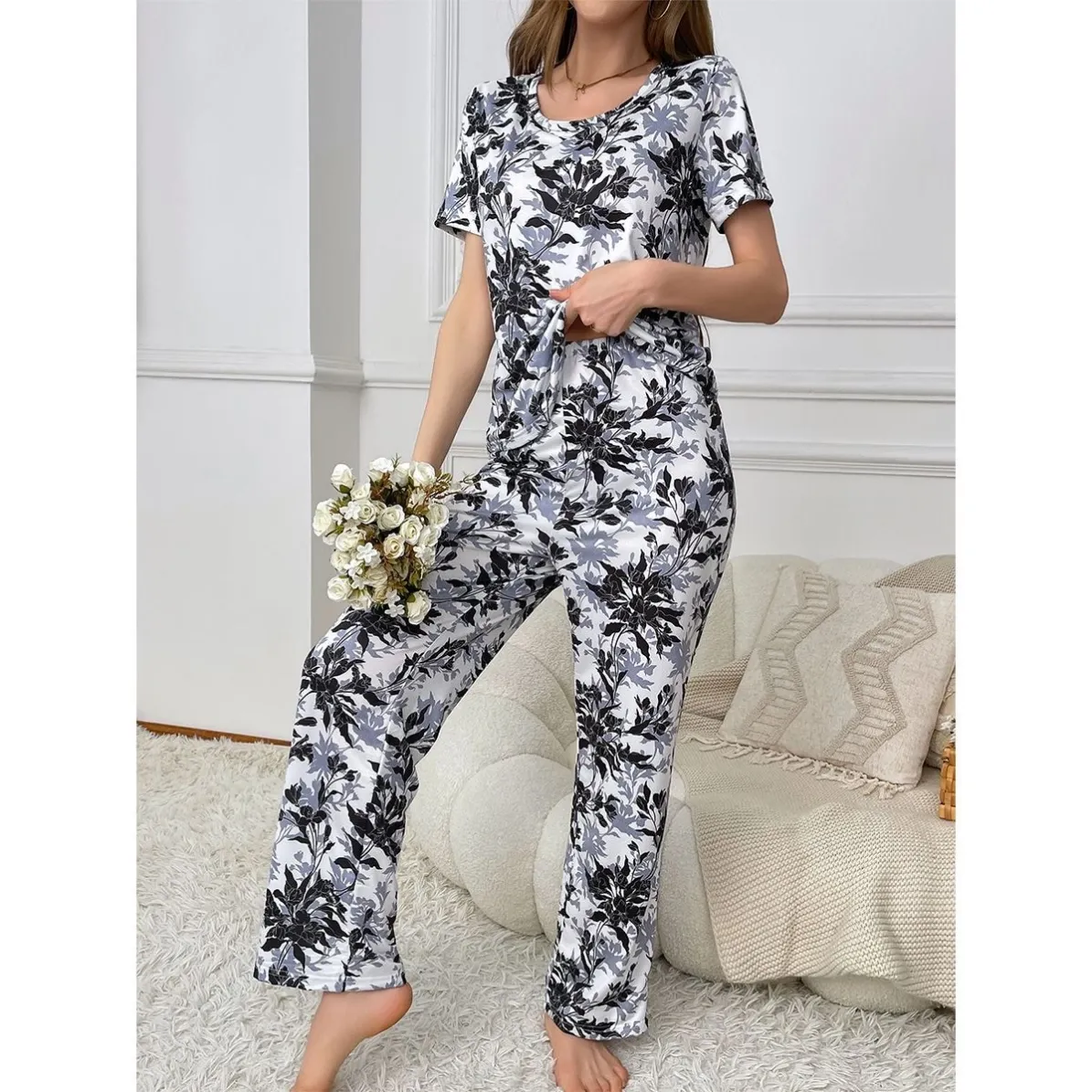 women milk silk lightweight printed short sleeve long pants pajama set xlk93071 lifestyle view