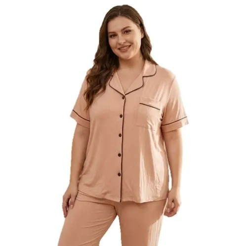 plus size short sleeve button front pajama set xlkal-028 front view