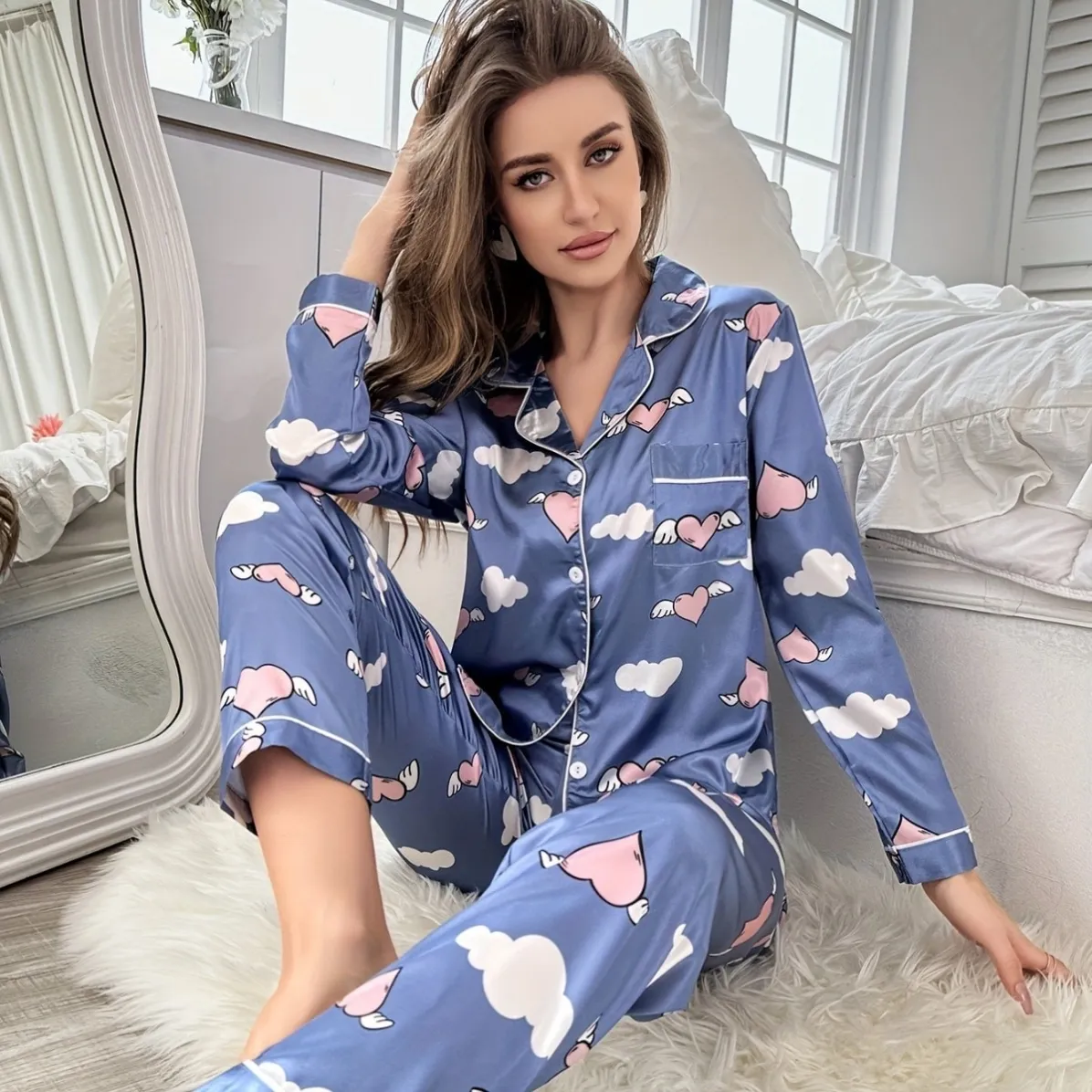 women satin cartoon print long sleeve long pants pajama set xlk222021 lifestyle view
