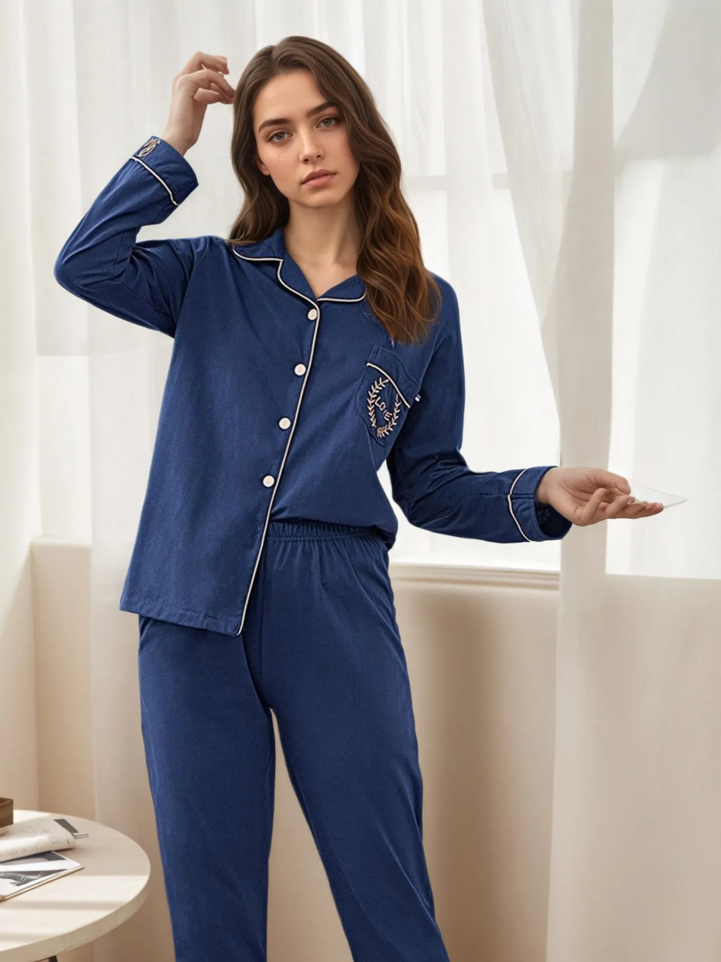 women cotton button front long sleeve long pants pajama set xlk411 lifestyle view