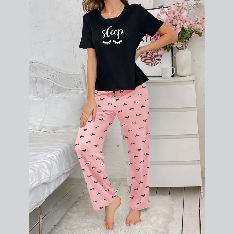 women milk silk lightweight printed short sleeve long pants pajama set xlk93053 lifestyle view