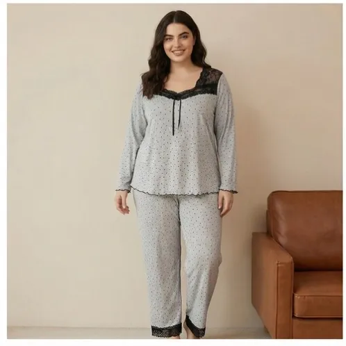 plus size long sleeve polka dot printed long pants pajama set xlkl715 color option