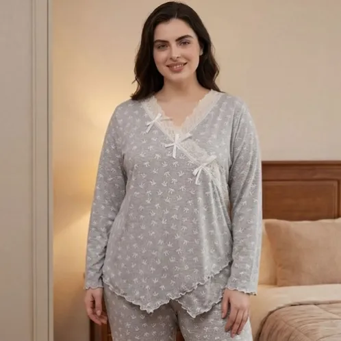 plus size long sleeve printed long pants pajama set xlkl650 lifestyle view