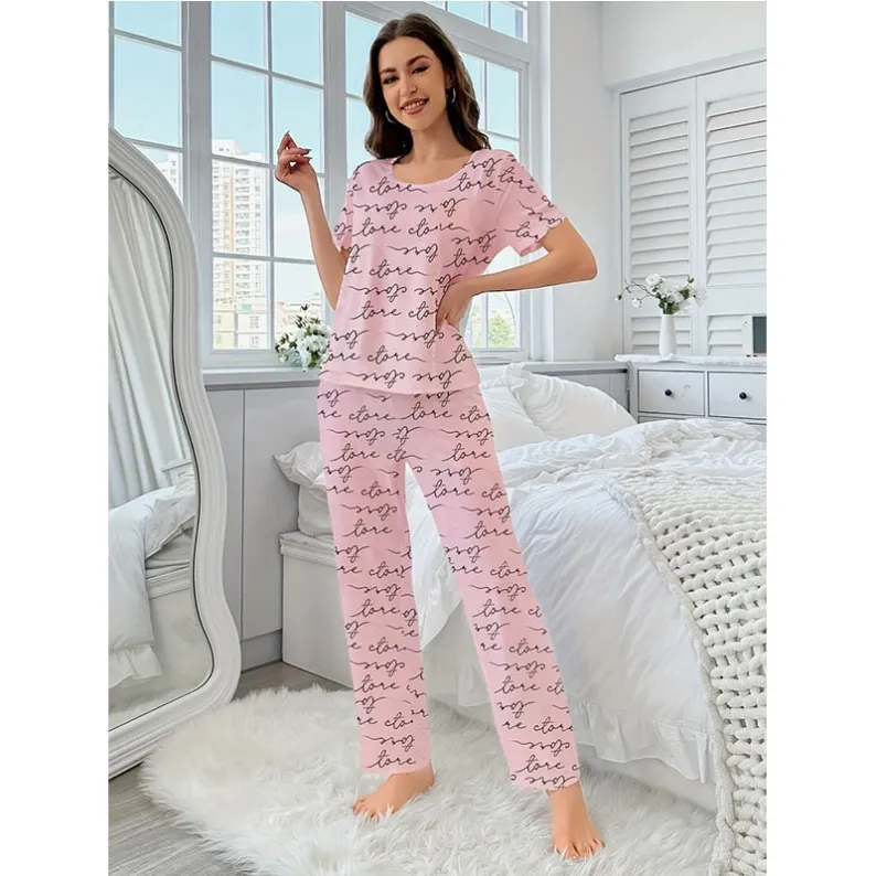 women milk silk lightweight printed short sleeve long pants pajama set xlkp93063 lifestyle view