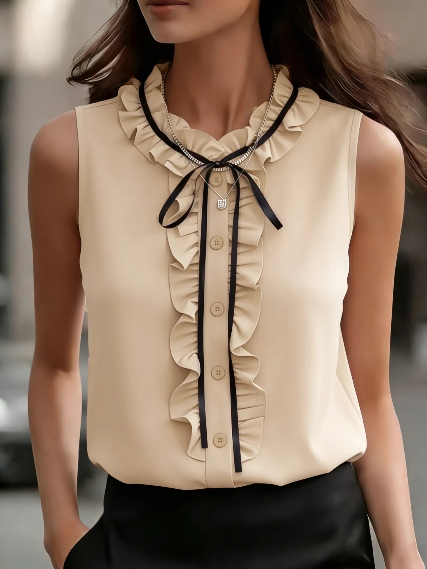 lapel collar sleeveless ruffle tie front blouse xlk0091 front view