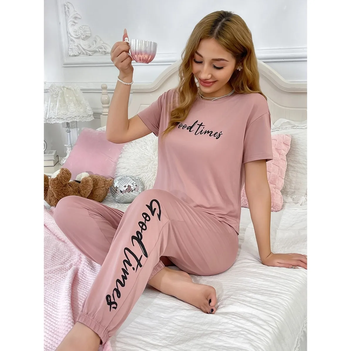 women milk silk printed short sleeve long pants pajama set xlk9881-2 lifestyle view