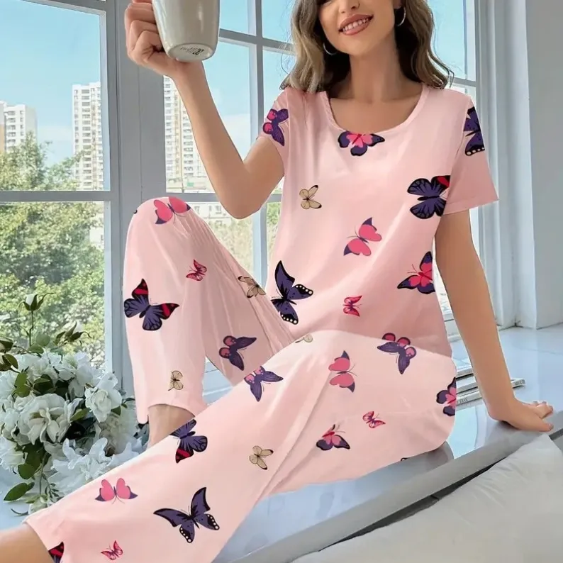 women milk silk printed short sleeve long pants pajama set xlkp93064 lifestyle view