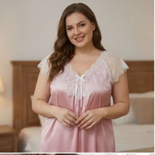 plus size short sleeve lace trim solid color nightdress xlkl359 color option