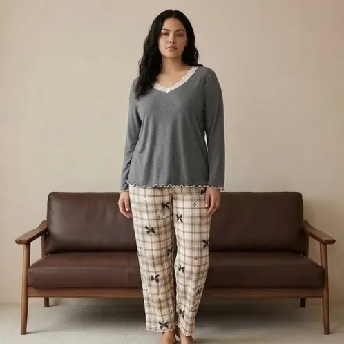 plus size long sleeve v-neck lace trim printed pajama set xlkl724 front view