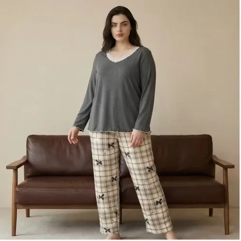 plus size long sleeve v-neck lace trim printed pajama set xlkl724 detail view