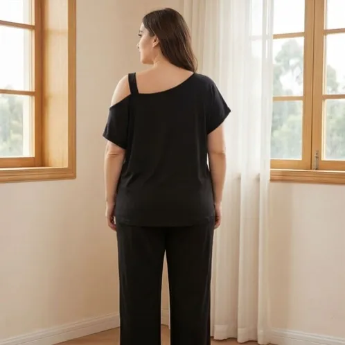 plus size short sleeve printed long pants pajama set xlkl540 detail view