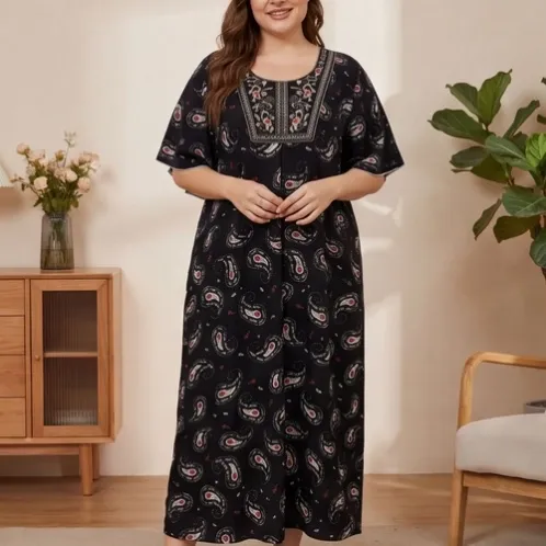 plus size short sleeve printed robe xlkte-129 front view