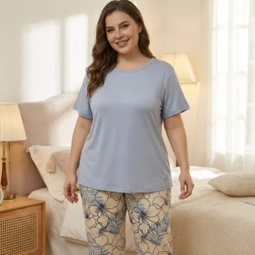 plus size short sleeve printed pajama set xlk112 detail view