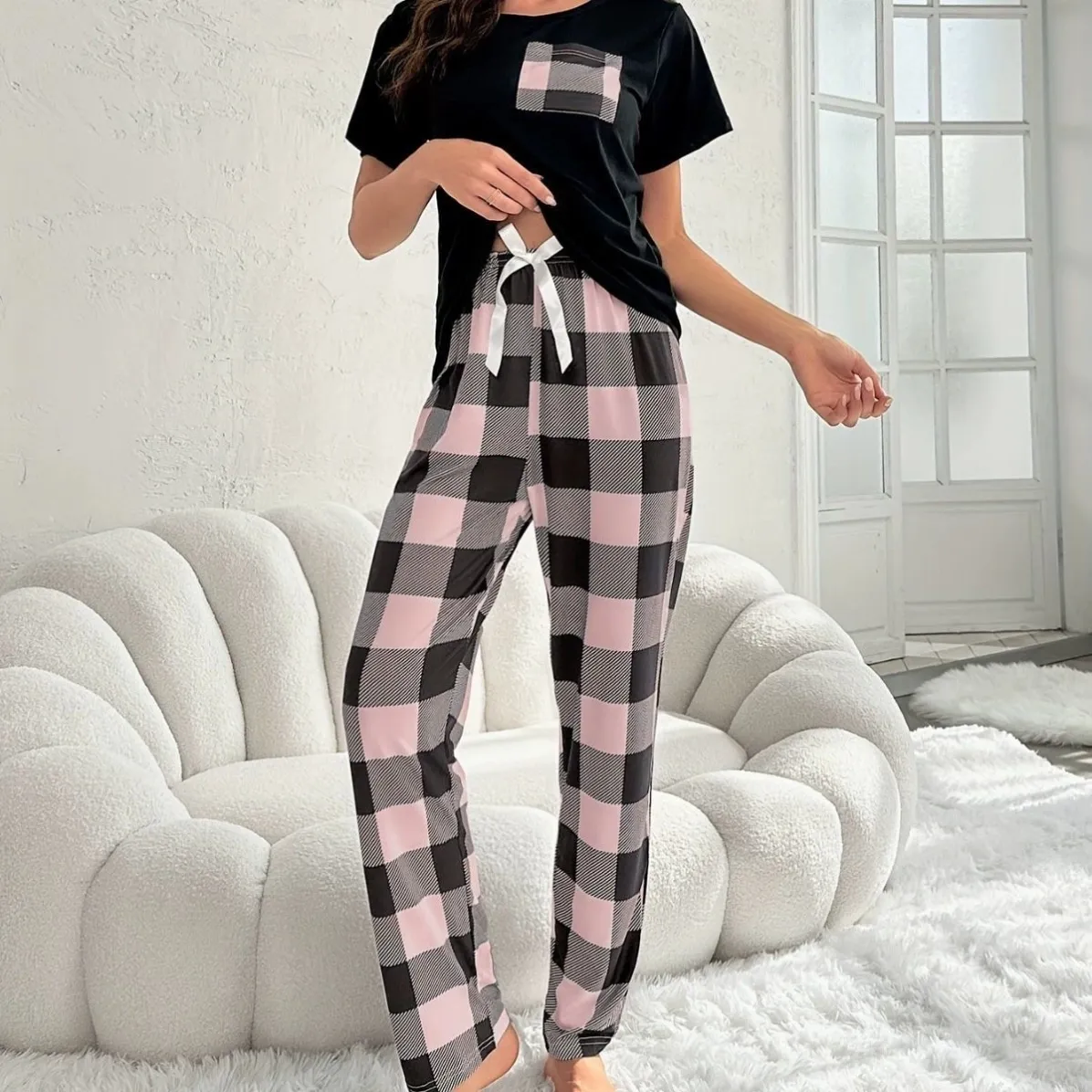 women milk silk lightweight plaid pajama set xlk93028 lifestyle view