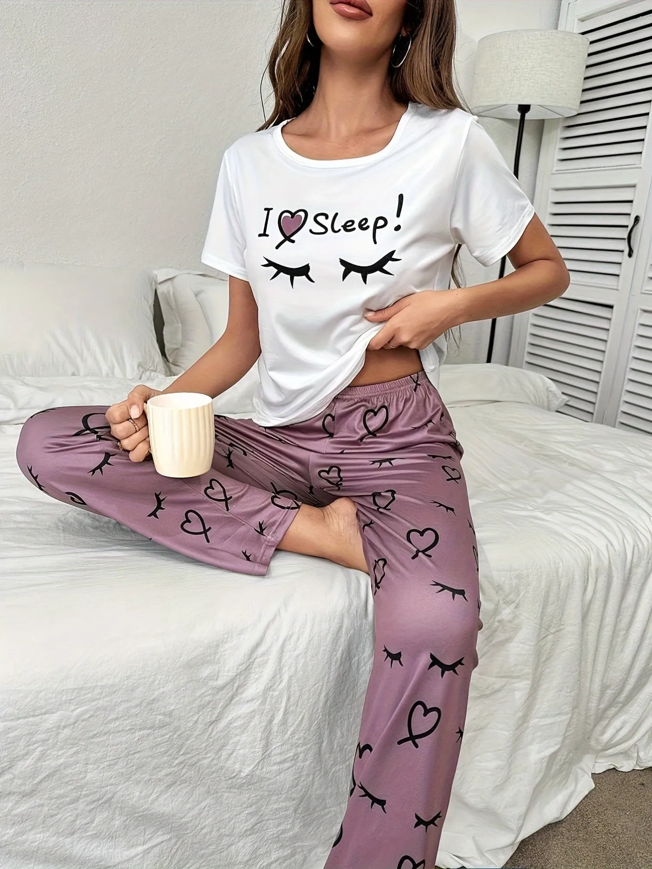 women milk silk printed short sleeve long pants pajama set xlk93056 lifestyle view