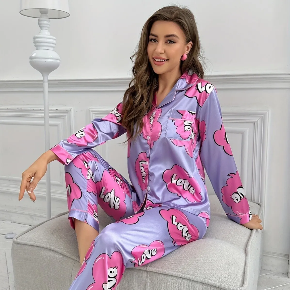 women satin cartoon print long sleeve long pants pajama set xlk222021 lifestyle view