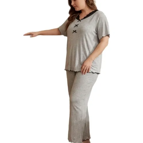 plus size short sleeve lace trim long pants pajama set xlkl567 detail view