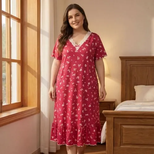plus size short sleeve lace trim printed nightdress xlkl509 detail view