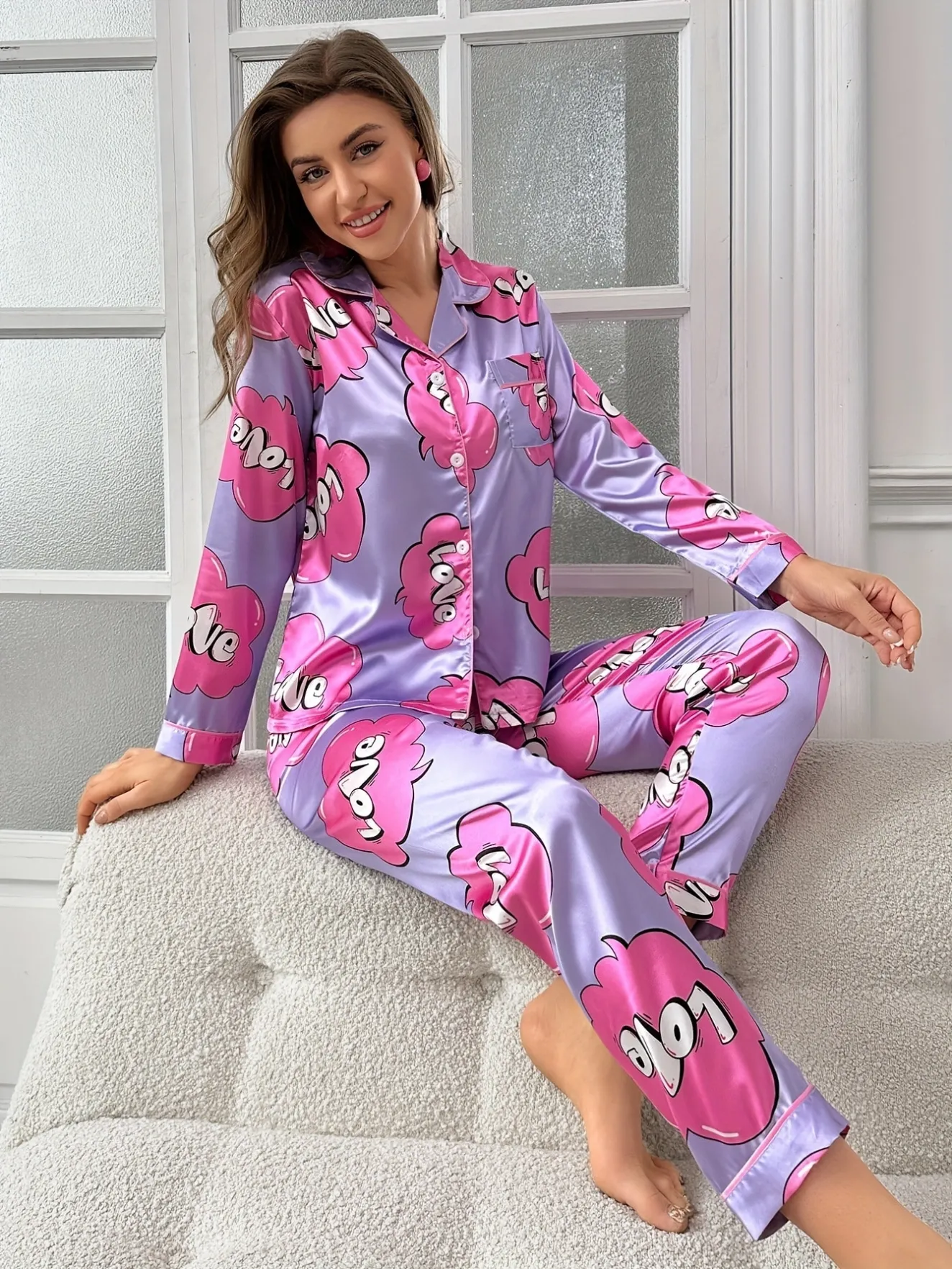 women satin cartoon print long sleeve long pants pajama set xlk222021 lifestyle view