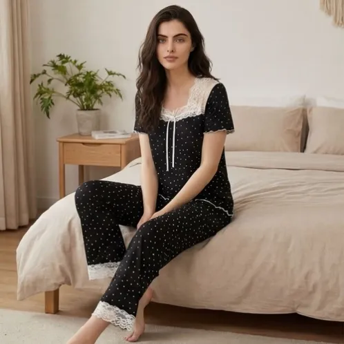 plus size long sleeve printed solid color long pants pajama set xlkl746 color option